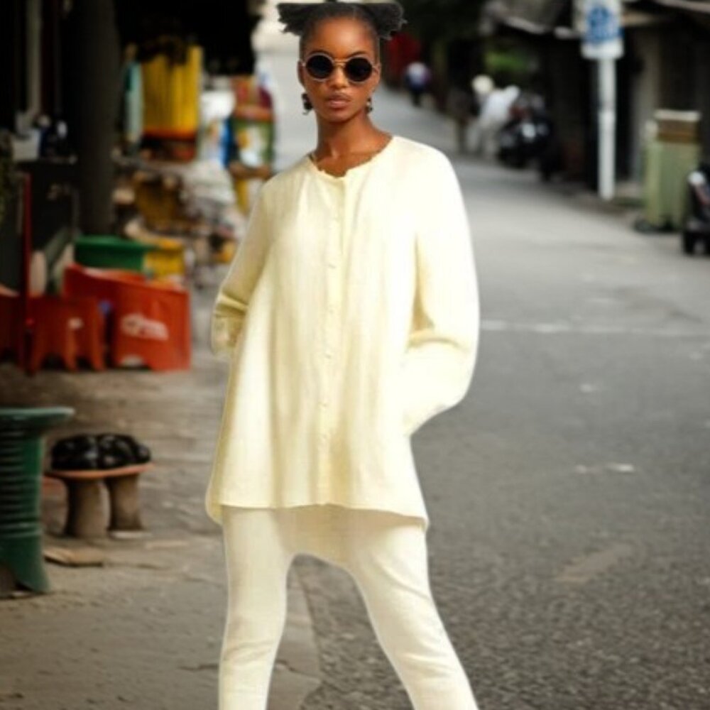 Flax Soften Linen Cream Boho Front Button Style T… - image 1